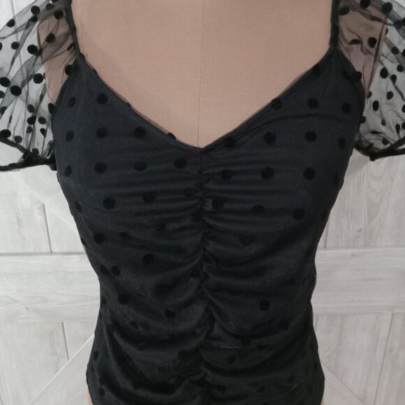 AMBIANCE-NWT Black Sheer Lace Polka Dot Puff Sleeve Elegant Mesh Top-Size-M - Picture 11 of 12